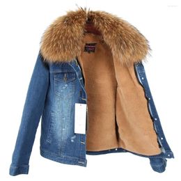 Women's Trench Coats Maomaokong2023 True Scorpion Fur Collar Denim Jacket Fashion Winter Short Park Warm And Velvet Thick Lining