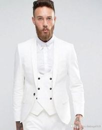 Men's Suits Handsome White Groom Tuxedos Shawl Lapel Groomsmen Mens Wedding Dress Fashion Man Jacket Blazer 3Piece Suit(Jacket Pants Vest Ti