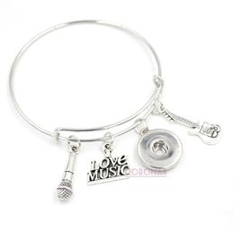 Whole Snap Jewelry I love music Bracelet Guitar Microphone Expandable Bangle Guitar Microphone Snap Button Bracelets for Music212K