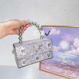 French Shiny Stupid Silver Butterfly Box Bag Banquet Rhinestone Mobile Phone Small Square Handheld Crossbody Bag 231102