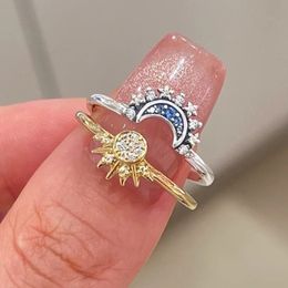 Solitaire Ring 2023 Summer Blue Sparkling Moon And Sun For Women Cocktail Stackable Finger Band Fashion Silver 925 Fine Jewellry 231101