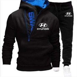 Men's Tracksuits 2021 Autumn Winter Hyundai Motor Logo Print Fleece Cotton Zipper Pullover pants Casual Sports Hoodie Set3423