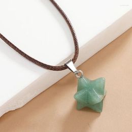 Pendant Necklaces Hexagram Shape Natural Stone Crystal Opal Lava Quartzs Necklace For Women Men Brown Leather Rope Chain Jewelry