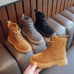 Boots Autumn Round Head Warm Long Barrel Single Boot Girls' Solid Color Front Lace Up Leather Soft Sole Anti Slip Cotton