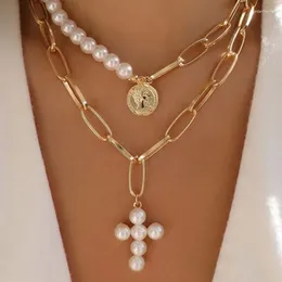 Pendant Necklaces Luxury Women Inlaid With Artificial Pearl Cross Pendants Originality Vintage Sweater Two Layer Link Chain Collar