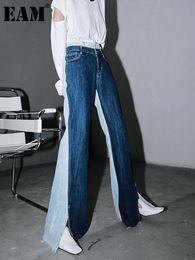 RUKAS Blue Contrast Color Split Joint Long Wide Leg Jeans New High Waist Loose Women Trousers Fashion Spring Autumn 2023 1T276