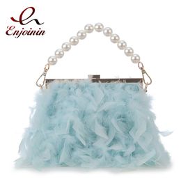 Evening Bags Luxury Feather Purses and Handbags for Women Party Clutch Bag Shoulder Pearl Chain Designer Wedding 12 Colours 231101