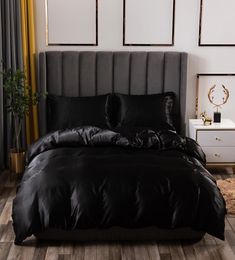 Luxury Bedding Set King Size Black Satin Silk Comforter Bed Home Textile Queen Size Duvet Cover CY2005194446568