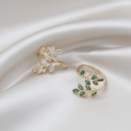 Wedding Rings Wheat Ear Leaf Open Cuff 18K Real Gold Plating Korea Fashion Jewellery Exquisite Green Zircon Elegant Women's Party Gift