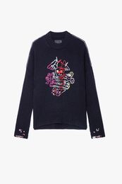 New Zadig Voltaire 23AW Women Designer Sweater Knitted Handmade Crochet Embroidery Colourful Smiling Face Wool Loose Hooded Fashion Trend lady Sweater Tops