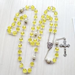 Pendant Necklaces QIGO Yellow Acrylic Cross Catholic Rosary Necklace For Women Religious Long