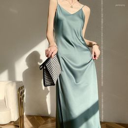 Casual Dresses 2023 Summer Elegant Women Dress Fashion Strap Satin Maxi Long Party Midi Robe Vestido Sexy V-neck Skirt