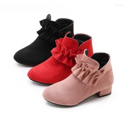 Boots Autumn Winter Girls' Fashionable Solid Colour Plush Insulation High Heel Short For Children's Shallow Cut Leather