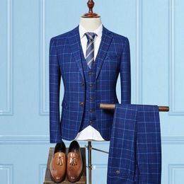 Men's Suits 2023 Men's High Quality Tailored Made Men Slim Fit Business Wedding Plaid Stripe 3 Pieces Suit Jacket Vest Pant