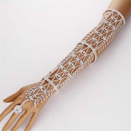 Women Statement Pave Crystal Rhinestone Arm Hand Chain Cuff Ring Copper Bracelet Wedding Bridal Celebrity Belly Dancer Jewellery Q07297J
