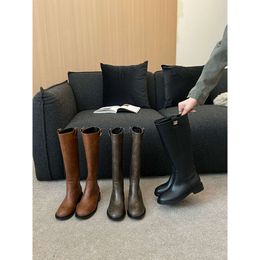 Miui shoe 2023 Autumn and Winter New Thin Boots Women's Round Head Flat Bottom Knight Boots Women's Boots Women's Long Boots