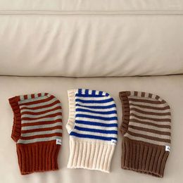 Berets Children Autumn Winter Stripe Knitted Hat For Boys Girls Baby Neck One Piece Ear Protector Woolen Tide