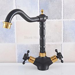 Kitchen Faucets Black Gold Brass Bathroom Faucet 2 Cross Handles 360 Swivel Washbasin Deck Mounted Sink & Cold Water Mixer Taps