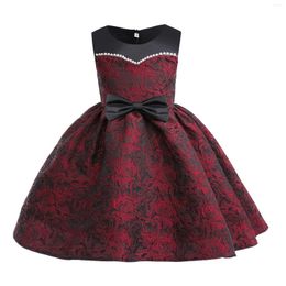 Girl Dresses Red Black Rose Flower Dress Cotton Casual Beading Children's Elegant Party Frocks For Kids Birthday 2 To 10 Years