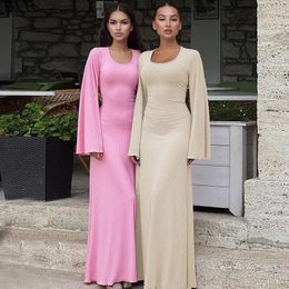 Casual Dresses 2023 Autumn Solid Ribbed Maxi Dress Women Scoop Neck Lace Up Straps Flare Sleeve Elegant Loose Club Party Robe