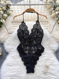 Nxy Female Sexy Lace Bodysuits Summer Sleeveless Halter Transparent Slim Rompers LadiesFrance Style Backless 230328