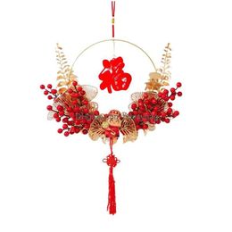Decorative Flowers & Wreaths Decorative Flowers Chinese Wreath Garland Spring Festival Decoration Pendant With Tassel For Wall Living Dhu6Y