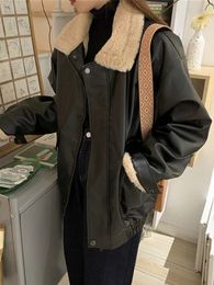 Women's Wool Blends Retro Thick Woman Moto Leather Jacket Shaggy Lapel Long Sleeve Warm Loose Top Autumn Winter Female Zipper Street Coat 231102