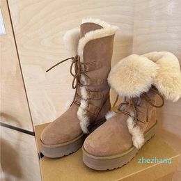 Boots Microfiber Mid-Calf Snow 2023 Winter Ladies Shoes Lace-up Round Toe Mid Heel Solid Turned-over Edge Women's
