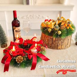 Decorative Flowers Wreaths Christmas Candlestick Wreath Hanging Decor Red Gold Garlands with Pine Cone Ribbon Home Xmas Party Table Ornament Window Decor 231102