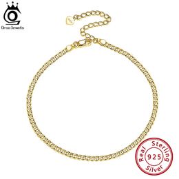 Anklets ORSA JEWELS 925 Sterling Silver Cuban Chain Anklets Fashion Women Summer 14K Gold Foot Bracelet Ankle Straps Jewellery Gifts SA11 231102