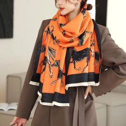 Quality Scarves Animal Print Winter Cashmere Scarf Women Thick Warm Shawls Wraps Female Designer Horse Pashmina Blanket Cape