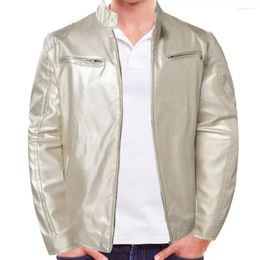 Men's Jackets Men Faux Leather Jacket Fall Stylish Windproof Motorcycle Coat With Stand Collar Zipper Decor Smooth For