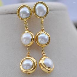 Dangle Earrings Z10371 13.5mm White Round Freshwater Pearl Gold-Plating Earring