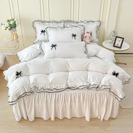Bedding Sets Korean Style Princess Pleat Lace Ruffles With Black Bow Set Duvet Cover Bed Skirt Or Fitted Sheet Pillowcases