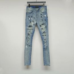 High Street Men's Jeans Diamond Speckled Ink Hole Jeans Splicing Slim Fit Pants Elastic Feet Black Denim Pants