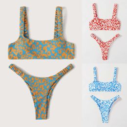 Women's Swimwear Sexy Printed Split Swimsuit Wire Sling Piece Bikini Two Swimwears Tankinis Set