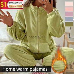 Women's Sleep Lounge Winter Zipper Pyjamas Set Women Loungewear Flannel Warm Sleepwear Home Suits Homewear Ladies Flannel Plush Lounge Sleep Wear L231102