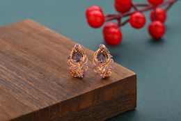 Dangle Earrings Colorful Purple Water Drop Natural Zircon Women Feather 585 Rose Gold Exclusive Classic Fine Fashion Jewelry