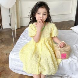 Girl Dresses 2023 Summer Arrival Girls Short Puff Sleeve O Neck Yellow Purple Roupa Infantil Menina Cute Party Dress Custume 12M-7T