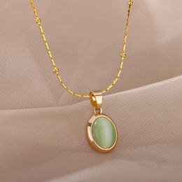 Pendant Necklaces Stainless Steel Round Opal Necklace For Women Girls Natural Stone Gold Colour Choker Vintage Jewellery Collier 231101