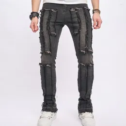 Men's Jeans Fashion High Street Hip Hop Pants Streetwear Ripped Flare Denim Trousers With Patchwork Skinny Fit Bottoms