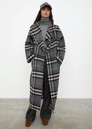 Women's Wool Blends Arrivals women winter Wool Long Coat ANNEC* Series Silhouette Side Slit Lapel oversize plaid cardigan 231101