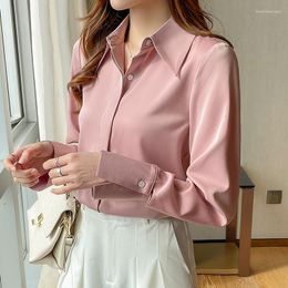 Women's Blouses Satin Green Shirts Women Turn-Down Long Sleeve Elegant Office Ladies Pink Blouse Single-Breasted Button Up Tops Blusa