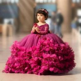 Hot Pink Puffy Ball Gown Flower Girl Dresses 3D Flower V Neck Long Sleeve Pageant Gowns Birthday For Cooktail Gown