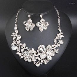 Necklace Earrings Set Nigerian White Flower Crystal Rhinestone For African Statement Women Bridal Wedding Evening Party