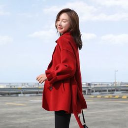 Women's Wool Blends Naizaiga 100 Lantern sleeve doublesided Woollen coat loose thin Solid red black winter warm Overcoat KSDR18 231101
