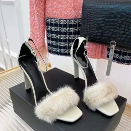 Famous 10cm women sandals slim high heeled formal shoes fashion sandal mink fur real leather soles high heels shoes women's factory shoe