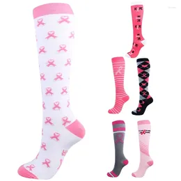 Women Socks Men AIDS Logo Compression Pink Ribbon Print Knee High Tube Hosiery 649C