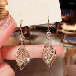 Dangle Earrings Fashion Women Stainless Steel Hanging Hollow Crystal Leaf Ear Hook Pendant Jewellery Bridal Wedding Gift Accessories