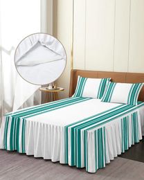 Bed Skirt Teal Stripes Elastic Fitted Bedspread With Pillowcases Protector Mattress Cover Bedding Set Sheet